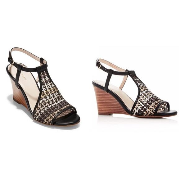 Cole Haan Maddie Open Toe Wedge Sandal US 9 Black Brown Woven Boho Chic Neutral - Picture 2 of 11